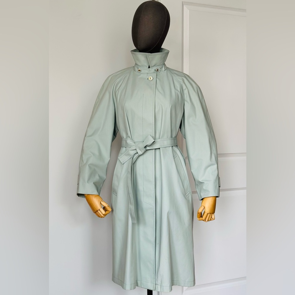 London Fog Belted Trench Coat Mint Sage Rain Coat Classic Vintage - Picture 9 of 17
